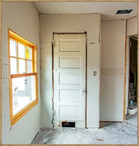 Guest bedroom with unfinished floor and walls during construction.