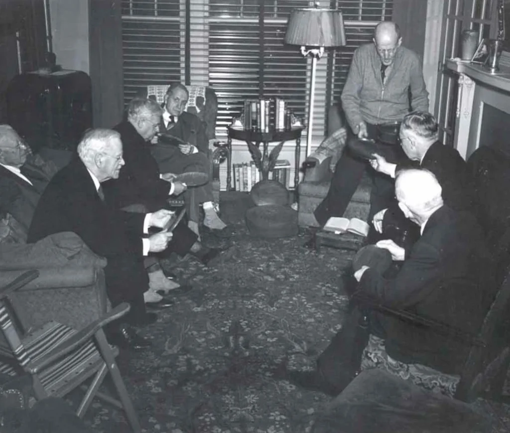 Historic Fireside Gathering at Comely Bank Historic group gathered around the fireplace at Comely Bank.