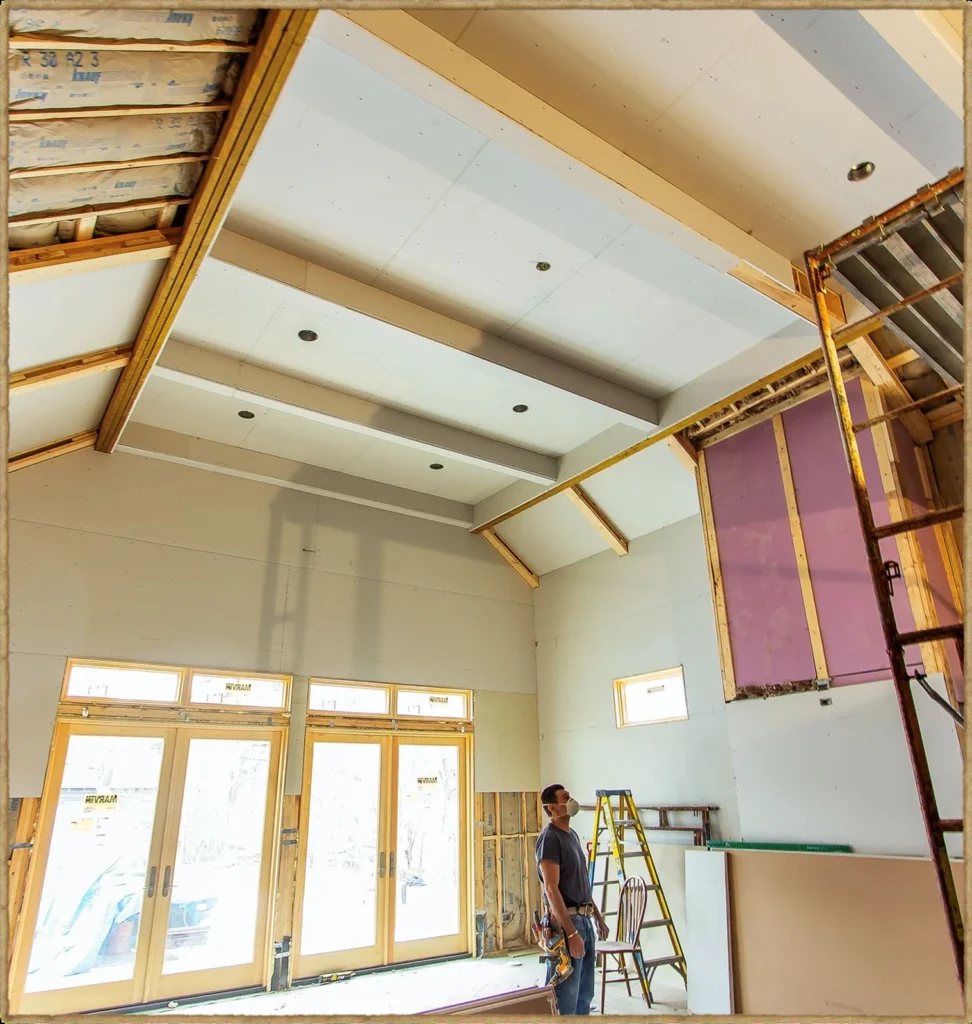 Rotary Room Under Construction – 2019 Large rear addition with unfinished walls and ceiling during construction.